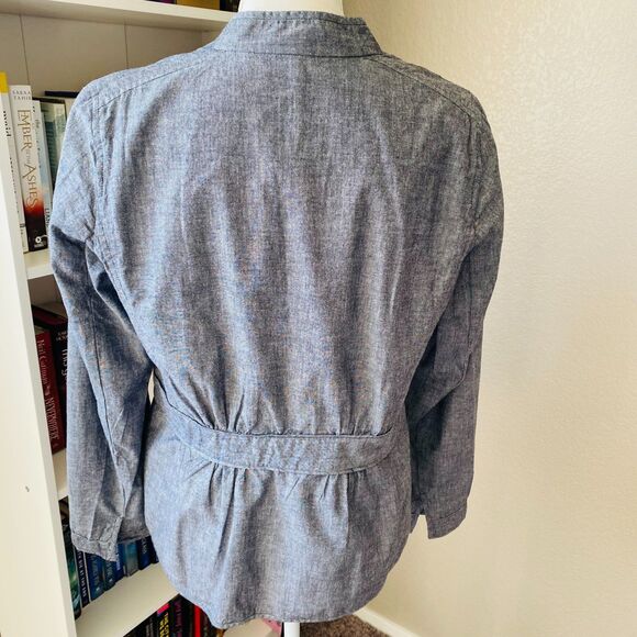 NWT Eileen Fisher Chambray Blue Gray Peplum Stand Collar Jacket Size Medium - Picture 8 of 11